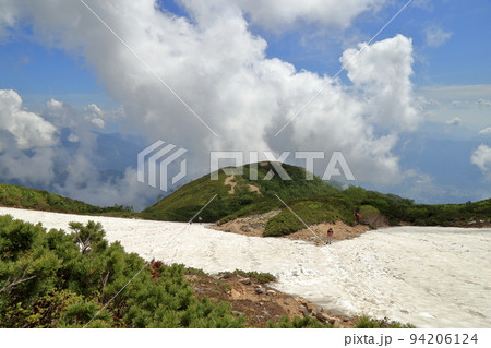 夏の唐松岳の八方尾根にある扇雪渓の風景 ( 2021年7月 長野県 白馬村 ) 94206124