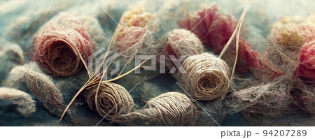 Abstract top-view illustration of the background of multicolored tangled threads, close-up of the colorful stack of threads. 94207289