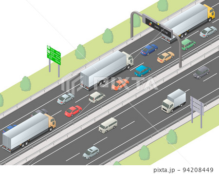 アイソメトリック図法で描いた渋滞中の日本の高速道路イメージ（無地） 94208449