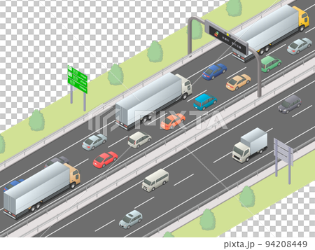 アイソメトリック図法で描いた渋滞中の日本の高速道路イメージ（無地） 94208449