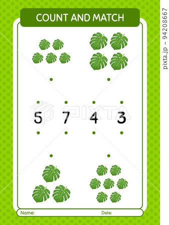 Count and match game with monstera leaf. worksheet for preschool kids, kids activity sheet 94208667
