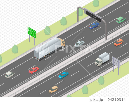 アイソメトリック図法で描いた日本の高速道路イメージ マス目地 のイラスト素材