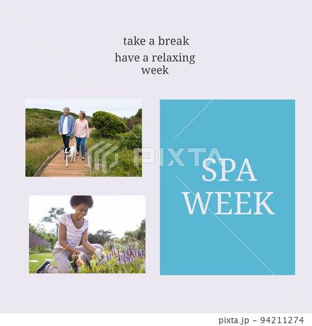 Digital composite image of multiracial women enjoying leisure time with spa week text in frame 94211274
