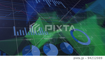 Image of financial data processing over shapes on black background Image of financial data processing over shapes on black background 94212089