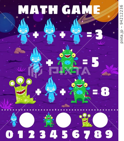 Math game worksheet. Cartoon space alien monster characters. Child math playing activity or addition puzzle vector worksheet with blue fire spirit, fairy funny dragon, alien slug monster personages Math game worksheet. Cartoon space alien monster characters. Child math playing activity or addition puzzle vector worksheet with blue fire spirit, fairy funny dragon, alien slug monster personages 94212236