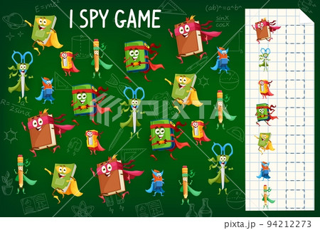 I spy game worksheet. Cartoon school education superhero characters. Children counting vector riddle or game with notebook, scissors and eraser, sharpener, pencil and book school hero cute personages I spy game worksheet. Cartoon school education superhero characters. Children counting vector riddle or game with notebook, scissors and eraser, sharpener, pencil and book school hero cute personages 94212273