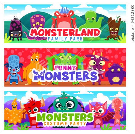 Cartoon monster characters. Horizontal vector background or banner with five eyed octopus, slime monster and angry tree stump, evil blue zombie, funny yeti and furious devil strange monster personages 94212330