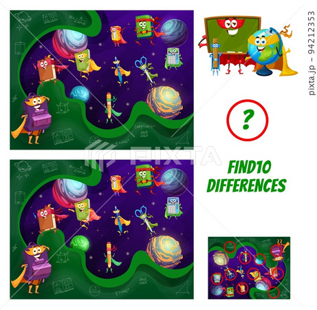 Find ten differences. Cartoon school education superhero characters. Difference search vector kids puzzle worksheet with backpack, book and copybook, pencil, pen and sharpener hero cheerful personages 94212353