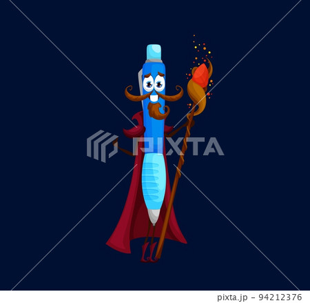 Cartoon school pen wizard, sorcerer or mage character. Cheerful vector school or office stationery tool for writing with magic staff wear cape. Isolated mustached conjuror personage with smiling face Cartoon school pen wizard, sorcerer or mage character. Cheerful vector school or office stationery tool for writing with magic staff wear cape. Isolated mustached conjuror personage with smiling face 94212376