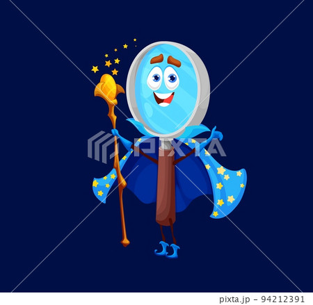 Cartoon school magnifying glass warlock, wizard or mage character. Isolated vector loupe wear astrologer cape with stars holding magic staff for Halloween party. Funny magnifier or zoom wiz personage Cartoon school magnifying glass warlock, wizard or mage character. Isolated vector loupe wear astrologer cape with stars holding magic staff for Halloween party. Funny magnifier or zoom wiz personage 94212391