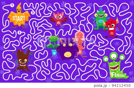 Labyrinth maze. Help to cartoon monster character to find his friends. Child labyrinth game quiz vector worksheet with angry tree stump, predator plant, slug and bat, dragon cute monster personages Labyrinth maze. Help to cartoon monster character to find his friends. Child labyrinth game quiz vector worksheet with angry tree stump, predator plant, slug and bat, dragon cute monster personages 94212450