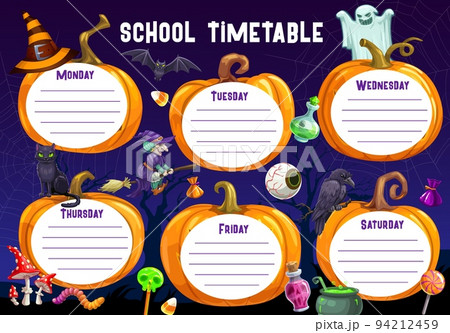Halloween timetable schedule. Cartoon pumpkin lanterns in cobweb and Halloween characters. School lessons timetable, vector week schedule with witch on broom, ghost monster and magic potion cauldron 94212459