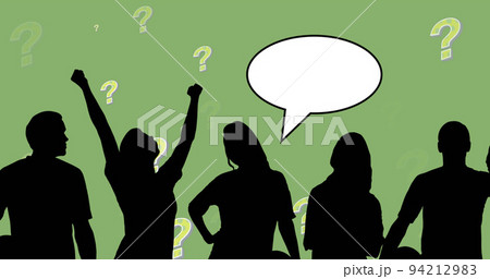 Image of people silhouettes with speech bubbles over question marks on green background 94212983