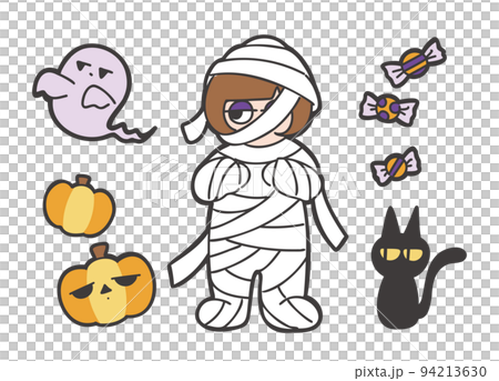 A loose illustration of a girl wearing a mummy costume for Halloween 94213630