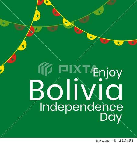 Illustration of yellow and red buntings with enjoy bolivia independence day text on green background 94213792