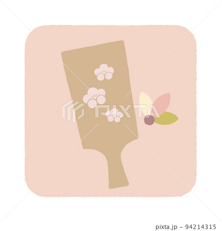 ピンク色の背景に描かれた梅柄の羽子板と羽根のイラスト 94214315