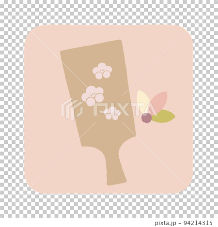 ピンク色の背景に描かれた梅柄の羽子板と羽根のイラスト 94214315