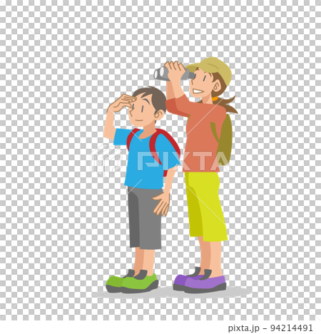 山の頂上から景色を見て楽しむ姉と弟 94214491