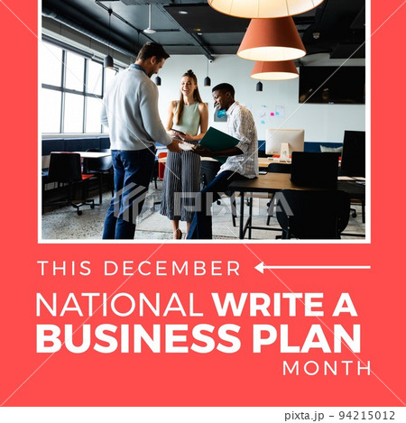 Multiracial coworkers discussing in office and this december, national write a business plan month Multiracial coworkers discussing in office and this december, national write a business plan month 94215012