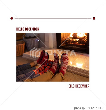 Hello december text over low section of parents with child wearing socks relaxing by fireplace Hello december text over low section of parents with child wearing socks relaxing by fireplace 94215015