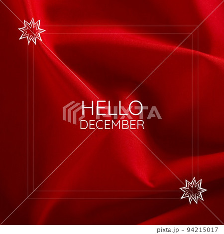 Composite of hello december text in white frames with star shape over red latex background 94215017