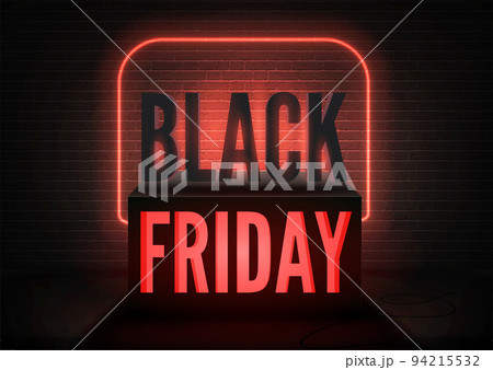 Black Friday luxury store vector poster design with neon light and red capital inscription Black Friday luxury store vector poster design with neon light and red capital inscription 94215532