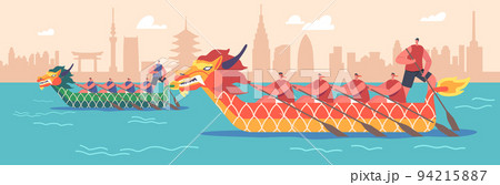 Sportsmen Rowing on Boat Dragon, Oriental Festival, Sport Competition, Extreme Activity, Championship Water Sports Games Sportsmen Rowing on Boat Dragon, Oriental Festival, Sport Competition, Extreme Activity, Championship Water Sports Games 94215887