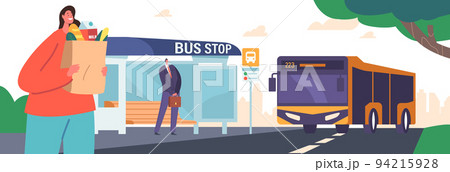 People Waiting on Bus Stop, Woman with Grocery and Businessman Characters on Outdoor Commuter Transport Station at City 94215928
