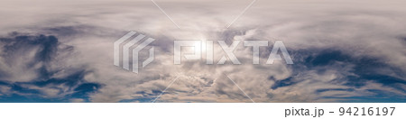 Blue sky panorama with Cumulus clouds. Seamless hdr 360 degree pano in spherical equirectangular format. Complete zenith for 3D visualization, game and sky replacement for aerial drone 360 panoramas. Blue sky panorama with Cumulus clouds. Seamless hdr 360 degree pano in spherical equirectangular format. Complete zenith for 3D visualization, game and sky replacement for aerial drone 360 panoramas. 94216197