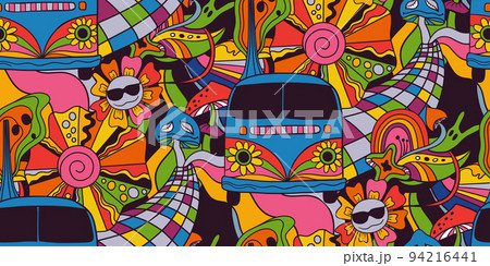 Vector retro colorful psychedelic seamless pattern in 1970s style 94216441
