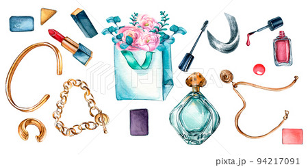 Banner of beauty accessories for woman watercolor illustration isolated on white 94217091