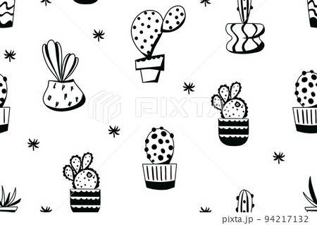 Different cacti seamless pattern on a white background. Vector background with desert plants. doodle illustration. Different cacti seamless pattern on a white background. Vector background with desert plants. doodle illustration. 94217132