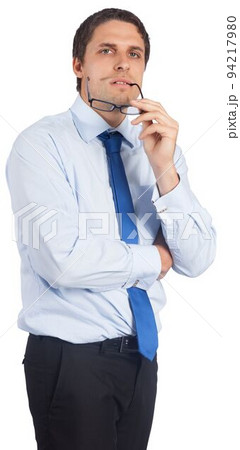 Thinking businessman biting glasses Thinking businessman biting glasses 94217980