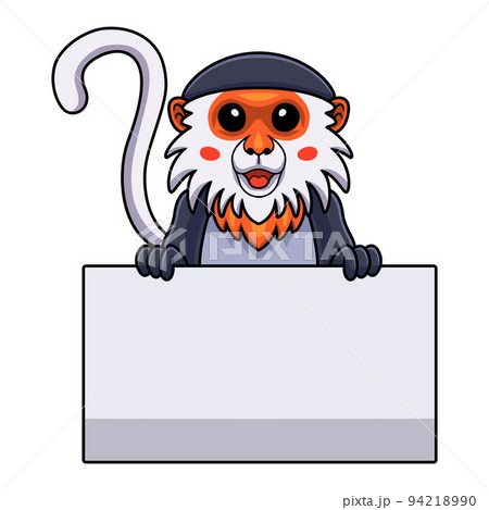 Cute red shanked douc monkey cartoon holding blank sign Cute red shanked douc monkey cartoon holding blank sign 94218990