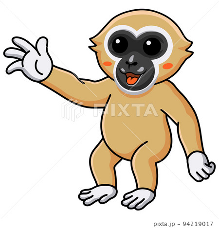 Cute white handed gibbon monkey cartoon waving hand	 94219017