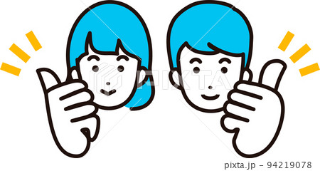 サムズアップする男女のイラスト　人物　アイコン　グッド　笑顔　手　シンプル　線画　イラスト素材 94219078
