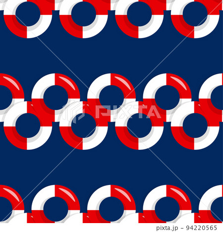 Seamless pattern wiht red and white lifebuoy on blue background, summer symbol. Life Preserver. Life Belt. Vector colorful flat illustration. Sea lifestyle. Design for fabric, textile, posters, card. 94220565