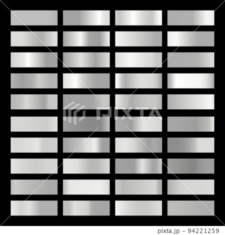 Metallic gradient collection with shiny silver hologram. Holographic foil texture, chrome metal gradation. Vector set for frame, ribbon, border, cover, banner, other design Metallic gradient collection with shiny silver hologram. Holographic foil texture, chrome metal gradation. Vector set for frame, ribbon, border, cover, banner, other design 94221259