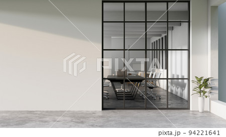 Modern minimal white office corridor or hallway interior with a large window though the meeting room Modern minimal white office corridor or hallway interior with a large window though the meeting room 94221641