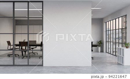 Modern office corridor or hallway interior with empty space over the white wall and the meeting room Modern office corridor or hallway interior with empty space over the white wall and the meeting room 94221647