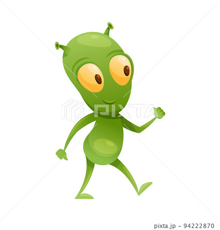 Funny Green Alien Character with Big Eyes and Small Antenna on Head Walking Vector Illustration 94222870