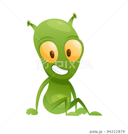 Funny Green Alien Character with Big Eyes and Small Antenna on Head Sitting and Smiling Vector Illustration 94222879