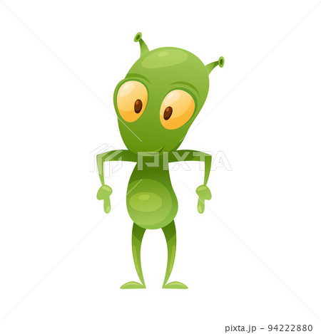 Funny Green Alien Character with Big Eyes and Small Antenna on Head Standing and Pointing Finger Down Vector Illustration 94222880