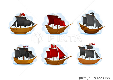 Pirate Sailing Ship with Square Rigged Masts Navigating Upon Water Vector Set 94223155