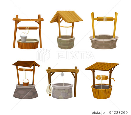 Well as Stone or Wood Structure in the Ground for Accessing Water with Bucket Raising by Hand Using Winch Vector Set 94223269
