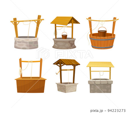 Well as Stone or Wood Structure in the Ground for Accessing Water with Bucket Raising by Hand Using Winch Vector Set 94223273
