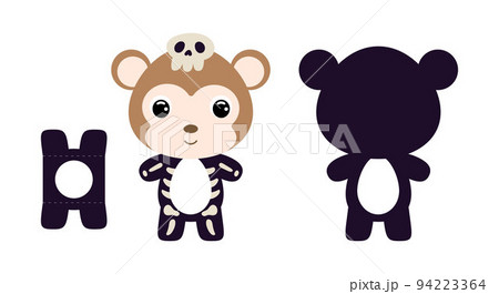 Cute die cut Halloween monkey chocolate egg holder template. Cartoon animal character in a skeleton costume. Retail paper box for the easter egg. Printable color scheme. Vector stock illustration 94223364