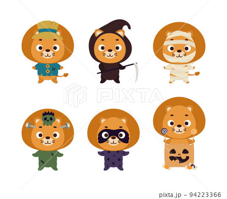 Cute Halloween lion set. Cartoon animal character collection for kids t-shirts, nursery decoration, baby shower, greeting card, invitation. Vector stock illustration 94223366