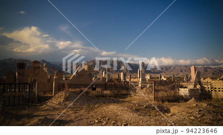 Panorama view to muslim cemetery Semiz Bel at Kochkor in Naryn, Kyrgyzstan 94223646