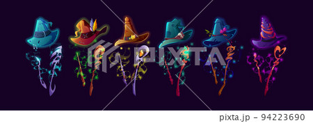Witch hats, wands and staffs cartoon vector set 94223690